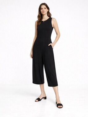 Eileen Fisher Black Sleeveless Wide Leg Cropped Jumpsuit Minimalist S